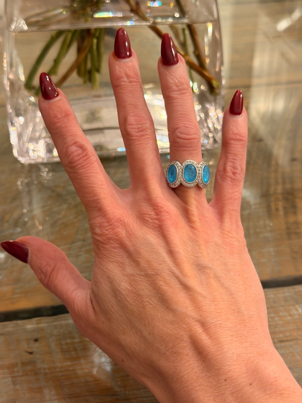 Bomb Party NWOT! Triple Oval Blue Opal Halo Ring in Silver